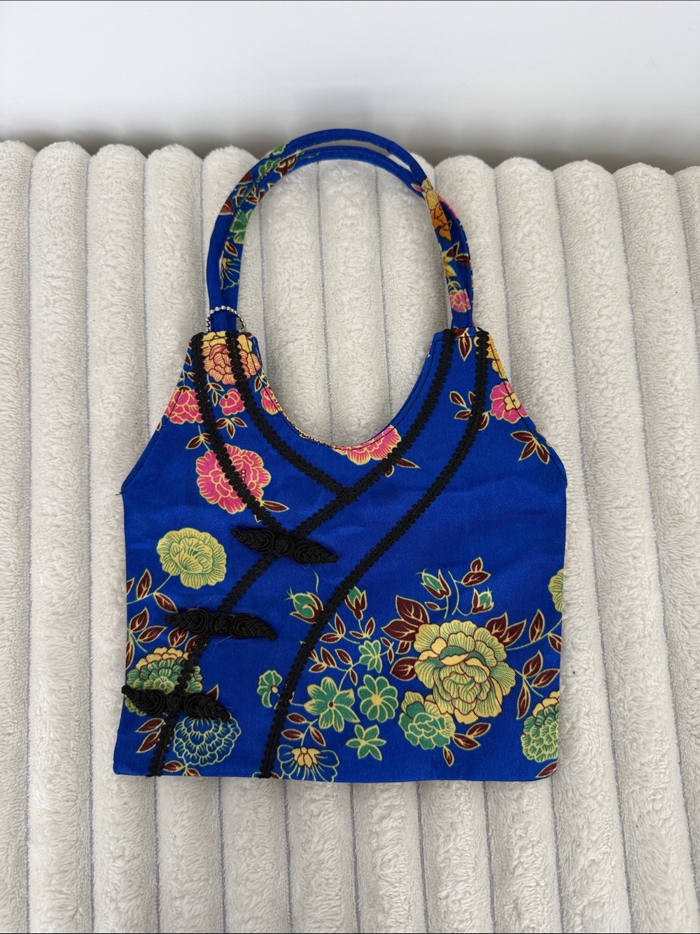 Blue Floral Satin Shoulder Bag with Contrast Trim